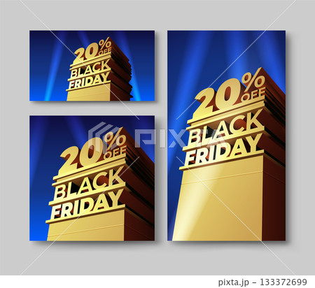 Set of vector illustration for BLACK FRIDAY discount in 20th century fox style with 3D inscription, building and spotlights. Twenty percent OFF. Template for sale, promo, flyer, ad, shop, cards. Set of vector illustration for BLACK FRIDAY discount in 20th century fox style with 3D inscription, building and spotlights. Twenty percent OFF. Template for sale, promo, flyer, ad, shop, cards. 133372699