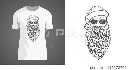 Creative t-shirt design with illustration of Santa in sunglasses with big beard. Lettering Merry Christmas in form of beard. T-shirt design for New Year party and Christmas holidays. 133372762