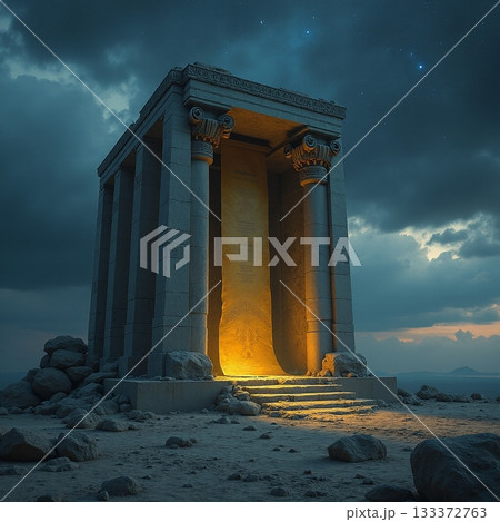 Ancient temple illuminated by dusks glow on rocky terrain Generative AI 133372763