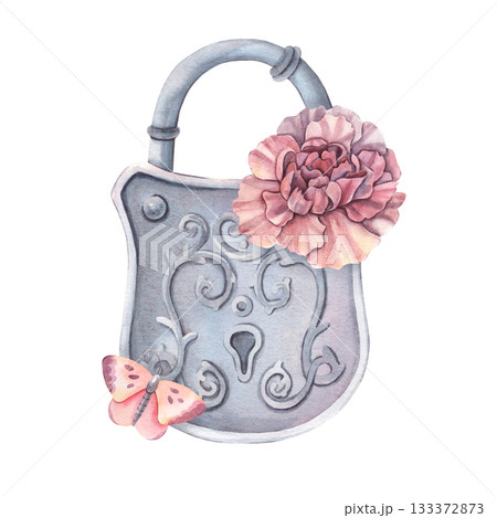 Vintage metal padlock with carnation flower and butterfly. Hand-painted watercolor illustration isolated on white for invitations, logos, card, print, textile, packaging, design, botany, retro decor 133372873