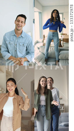 Vertical collage view, people moving to favourite music at home Vertical collage view, people moving to favourite music at home 133372978