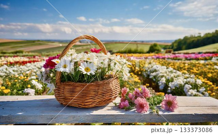 basket of flowers on the field 133373086