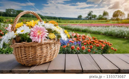 basket of flowers on a wooden table basket of flowers on a wooden table 133373087