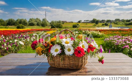 tulips in a basket on the background of flowers tulips in a basket on the background of flowers 133373088