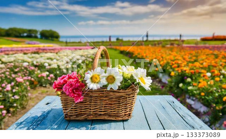 basket of flowers on a wooden table 133373089