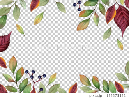 Watercolor illustration of autumn leaves and berries forming a decorative frame on white. Good for invitations, greeting cards, seasonal posters, or stationery designs Watercolor illustration of autumn leaves and berries forming a decorative frame on white. Good for invitations, greeting cards, seasonal posters, or stationery designs 133373131