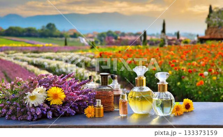 oil bottles with lavender flowers 133373159