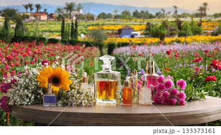 bottles of sunflowers and flowers on the beach 133373161