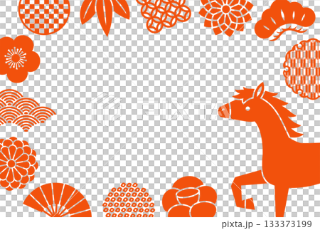 Red Japanese-style ornament and horse frame Red Japanese-style ornament and horse frame 133373199