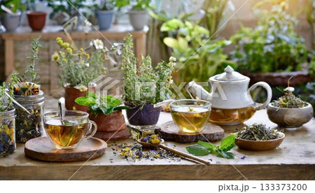 herbal tea in a glass cup on the table 133373200