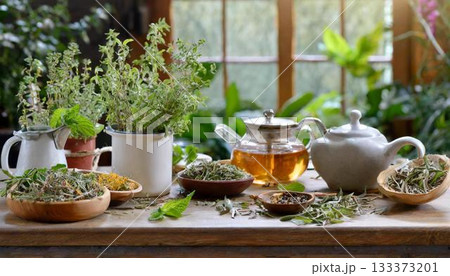 herbal tea in a glass cup on the table 133373201