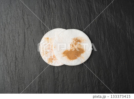 Dirty Cotton Pads, Makeup Removal, Used Cotton Disks after Makeup Cleansing, Removing Make Up Dirty Cotton Pads, Makeup Removal, Used Cotton Disks after Makeup Cleansing, Removing Make Up 133373415