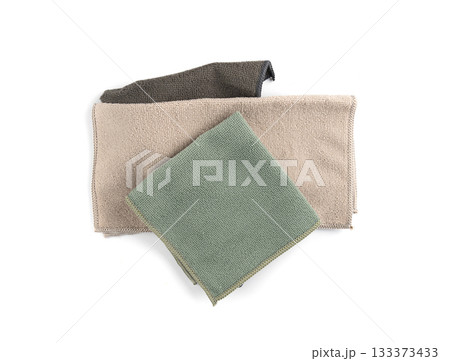 Cleaning cloth isolated, beige, grey, green wipe rag, cleaning microfiber towel, wiping cotton 133373433