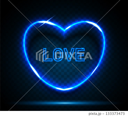 Neon heart-shaped frame with the word love on a dark background. Neon futuristic elements for your design. 133373473