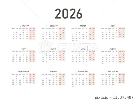Minimalistic calendar for 2026. Vector layout of a wall or desktop calendar for 2026 with the date of the beginning of the week on Monday. 133373497