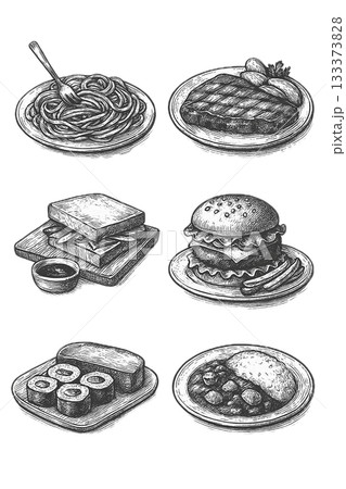 洋食メニューの手描きモノクロイラストセット 133373828