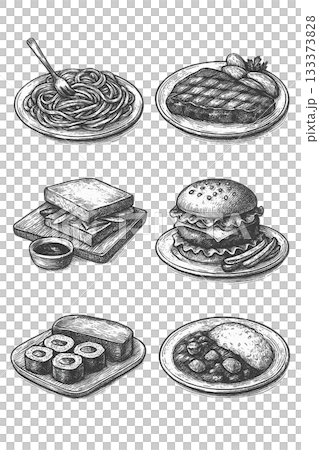洋食メニューの手描きモノクロイラストセット 133373828