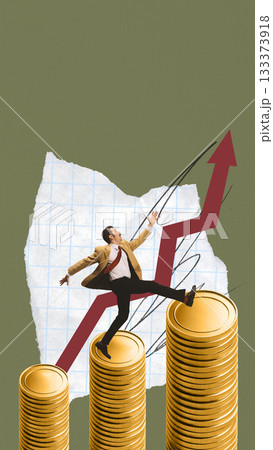 Expressive artwork. Businessman balancing on rising golden coin stacks with sharp arrow climbs behind him 133373918