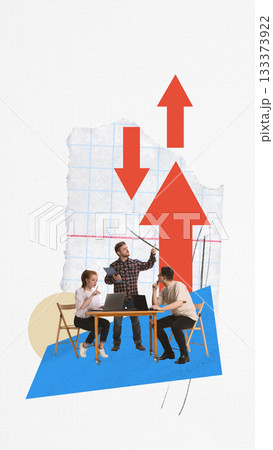 Vibrant collage. Team examining oversized red arrows symbolizing dramatic market shifts. Vibrant collage. Team examining oversized red arrows symbolizing dramatic market shifts. 133373922