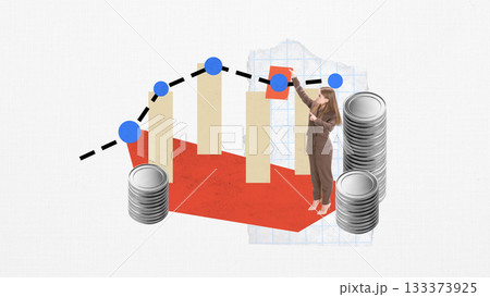 Minimal collage. Businesswoman adjusting a tall bar chart positioned between large coin stacks Minimal collage. Businesswoman adjusting a tall bar chart positioned between large coin stacks 133373925