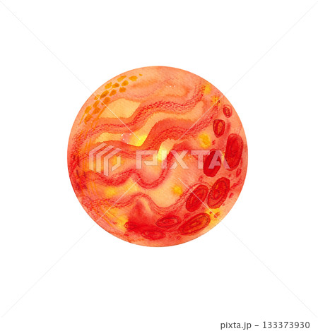 A stylized children's illustration of the Red Planet in watercolor and pencil. Isolated illustration for children's textile design and space-themed parties. 133373930