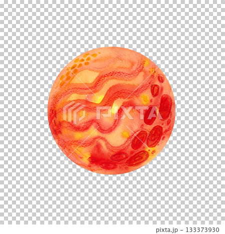 A stylized children's illustration of the Red Planet in watercolor and pencil. Isolated illustration for children's textile design and space-themed parties. 133373930