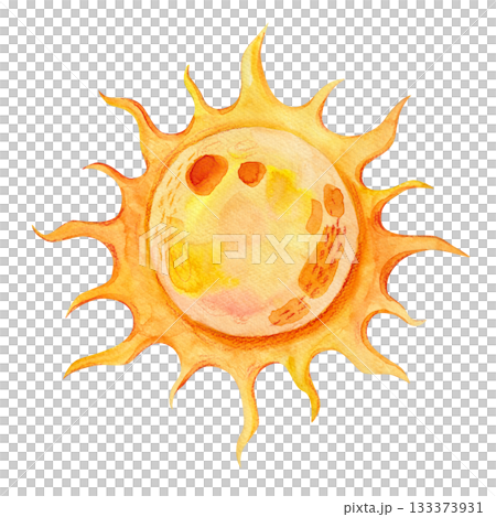 A stylized children's illustration of the sun, drawn in watercolor and pencil. Isolated illustration for children's textile design, printed materials, and holiday products. A stylized children's illustration of the sun, drawn in watercolor and pencil. Isolated illustration for children's textile design, printed materials, and holiday products. 133373931