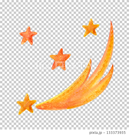Orange-yellow stars and a comet. Children's watercolor and pencil illustrations for textile and holiday design. 133373935