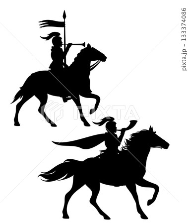 medieval knight herald blowing horn and riding horse black vector silhouette medieval knight herald blowing horn and riding horse black vector silhouette 133374086