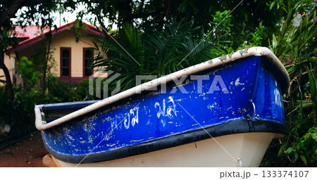 weathered vessel rests by lush foliage, nostalgic maritime scene with vintage charm and tropical scenery 133374107