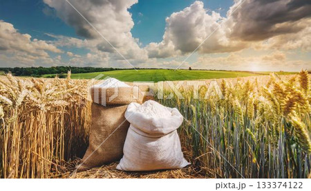 basket full of wheat on the field 133374122