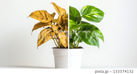 Before and after concept showing dying and thriving plant leaves in pot on clean background Before and after concept showing dying and thriving plant leaves in pot on clean background 133374132