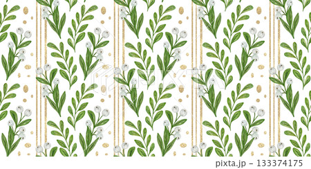 Christmas watercolor seamless pattern with green leaves of winter plants and white berries, golden shiny stripes. Vertical pattern with decorative plants. Holiday print for wallpaper and fabric. Christmas watercolor seamless pattern with green leaves of winter plants and white berries, golden shiny stripes. Vertical pattern with decorative plants. Holiday print for wallpaper and fabric. 133374175