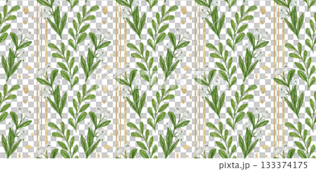 Christmas watercolor seamless pattern with green leaves of winter plants and white berries, golden shiny stripes. Vertical pattern with decorative plants. Holiday print for wallpaper and fabric. Christmas watercolor seamless pattern with green leaves of winter plants and white berries, golden shiny stripes. Vertical pattern with decorative plants. Holiday print for wallpaper and fabric. 133374175