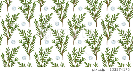 Watercolor seamless pattern of green twigs and white berries for decorating Christmas and winter holidays. Festive botanical illustration for fabric design. 133374176