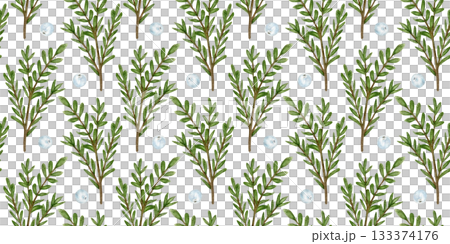 Watercolor seamless pattern of green twigs and white berries for decorating Christmas and winter holidays. Festive botanical illustration for fabric design. 133374176