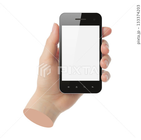 Hand holds smart phone, isolated on transparent background, technology and gadgets concept. Contemporary art design 133374203