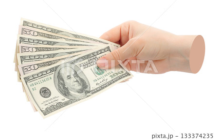 Hand holds US dollars cash bills, isolated on transparent background, business concept. Contemporary art design Hand holds US dollars cash bills, isolated on transparent background, business concept. Contemporary art design 133374235