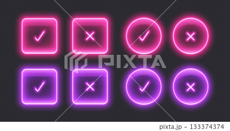 Neon checkmark icons, glowing check buttons, illuminated signs. Neon checkmark icons, glowing check buttons, illuminated signs. 133374374