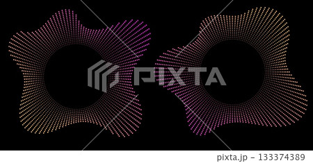 Sound equalizer icons with lines and dots, gradient neon circular sound wave frames, abstract radial music icons. 133374389