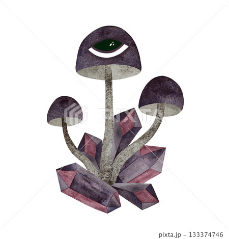 Watercolor magic mushrooms and crystals. Purple eye mushrooms, amethyst crystals isolated on white. Watercolor magic mushrooms and crystals. Purple eye mushrooms, amethyst crystals isolated on white. 133374746