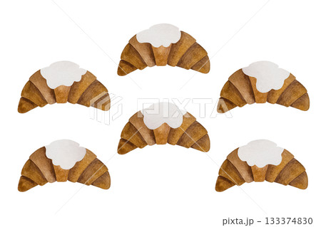 Watercolor assorted croissants. Croissants with cream toppings of various shapes isolated on white. Watercolor assorted croissants. Croissants with cream toppings of various shapes isolated on white. 133374830