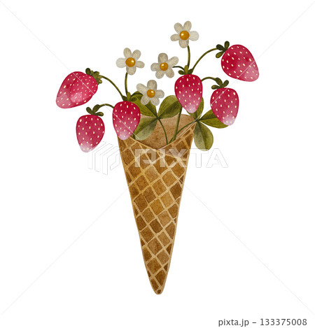 Watercolor strawberry waffle cone. Waffle cone with ripe strawberries, flowers, and stems isolated on white. Watercolor strawberry waffle cone. Waffle cone with ripe strawberries, flowers, and stems isolated on white. 133375008