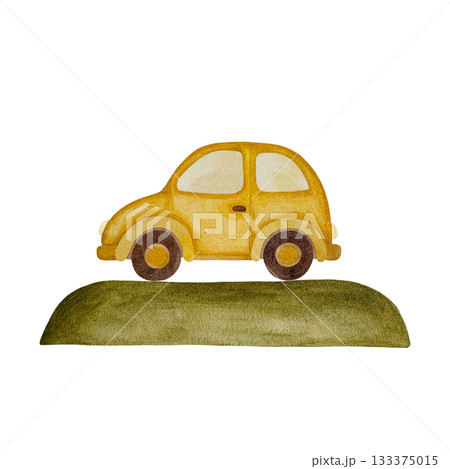 Watercolor yellow car on green hill. Small yellow car on green hill isolated on white background. Watercolor yellow car on green hill. Small yellow car on green hill isolated on white background. 133375015