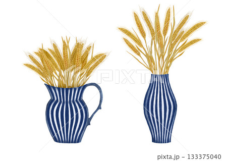 Watercolor wheat bouquet in striped vase. Collection of blue and white vases with golden wheat isolated on white. Watercolor wheat bouquet in striped vase. Collection of blue and white vases with golden wheat isolated on white. 133375040