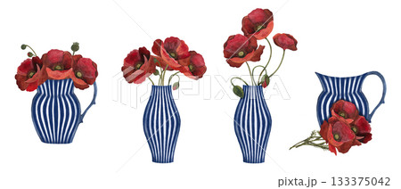 Watercolor poppy bouquet in striped vase. Collection of blue and white vases with red poppies isolated on white. 133375042