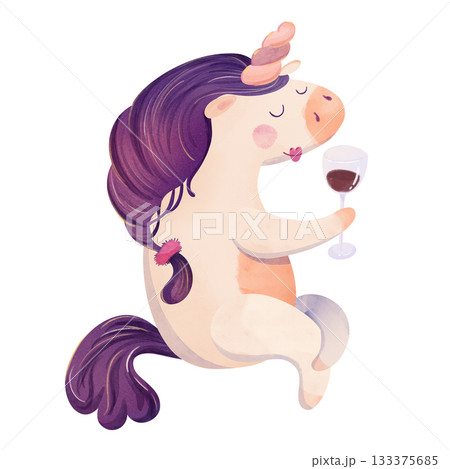 Cute watercolor unicorn. Adorable baby unicorns with purple mane holding wine glass, blushing cheeks. Funny magical design for kids fabric, nursery wallpaper, party decor, stationery, gift wrap Cute watercolor unicorn. Adorable baby unicorns with purple mane holding wine glass, blushing cheeks. Funny magical design for kids fabric, nursery wallpaper, party decor, stationery, gift wrap 133375685