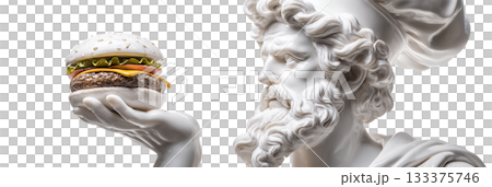 A Marble Chef Statue Holding a Delicious Juicy Burger Isolated on Transparent Background - Generative Ai 133375746