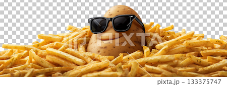A Smiling Potato Character in Sunglasses Surrounded by Crispy Golden French Fries on Transparent Background - Generative Ai 133375747