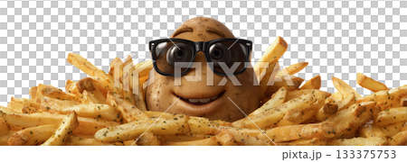 Smiling Potato Character in Sunglasses Surrounded by Crispy Golden French Fries on Transparent Background - Generative Ai 133375753